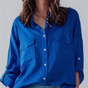 Oversized Pockets Button Up Linen Shirt